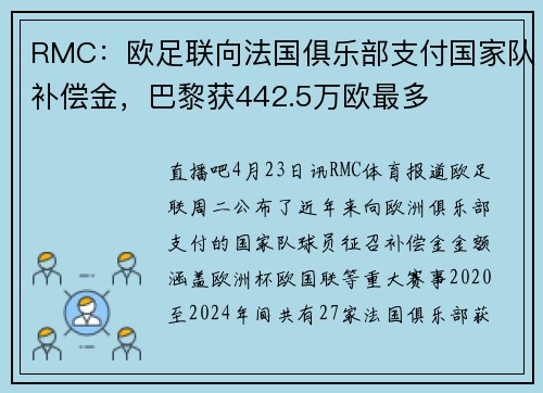 RMC：欧足联向法国俱乐部支付国家队补偿金，巴黎获442.5万欧最多